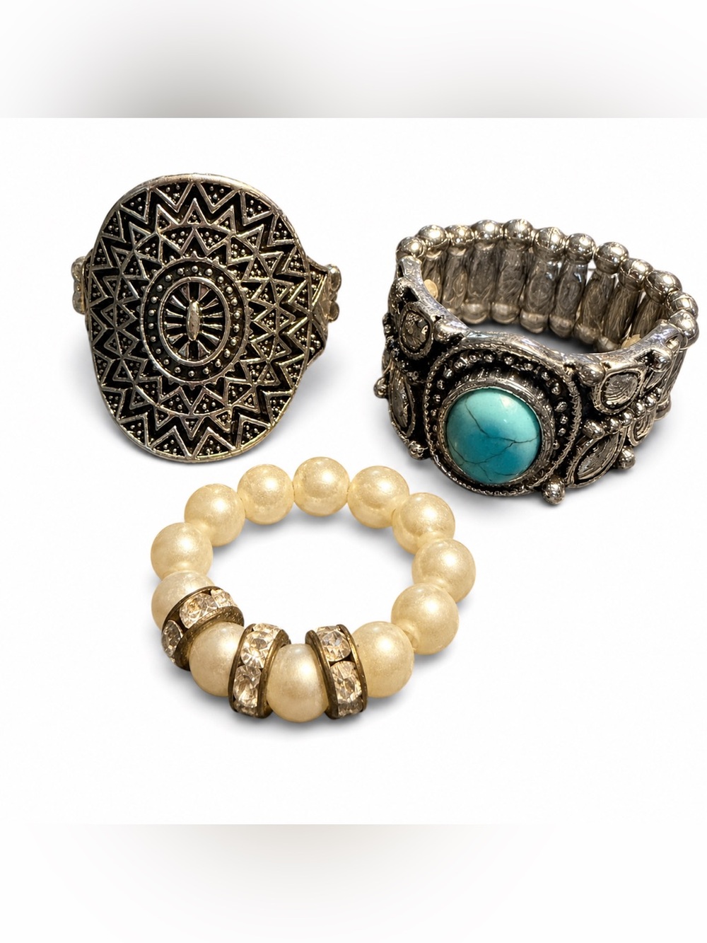 Boho Silver Turquoise & Pearl Stretch Ring Set